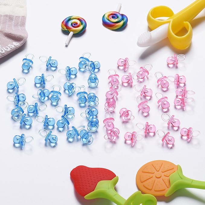 Mini Pacifiers for Baby Shower Game, 150 Plastic Pacifiers for Baby Shower Decoration, Cute Baby Shower Pacifiers, Gender Reveal Party Table Scatter/Hunt Baby Shower Game Props(75 Blue + 75 Pink)