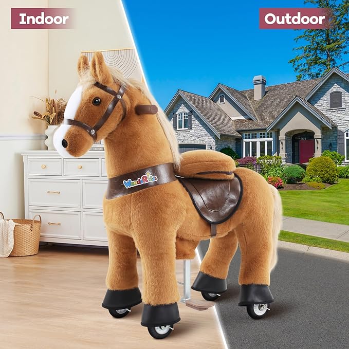 WondeRides Ride on Horse Pony Brown Riding Horse Size 3 for Kids Age 3-4, 30.1 Inch Height Riding Pony Ride Plush Giddy up Rocking Mechanical Walking Animal Horse for Boys and Girls M345