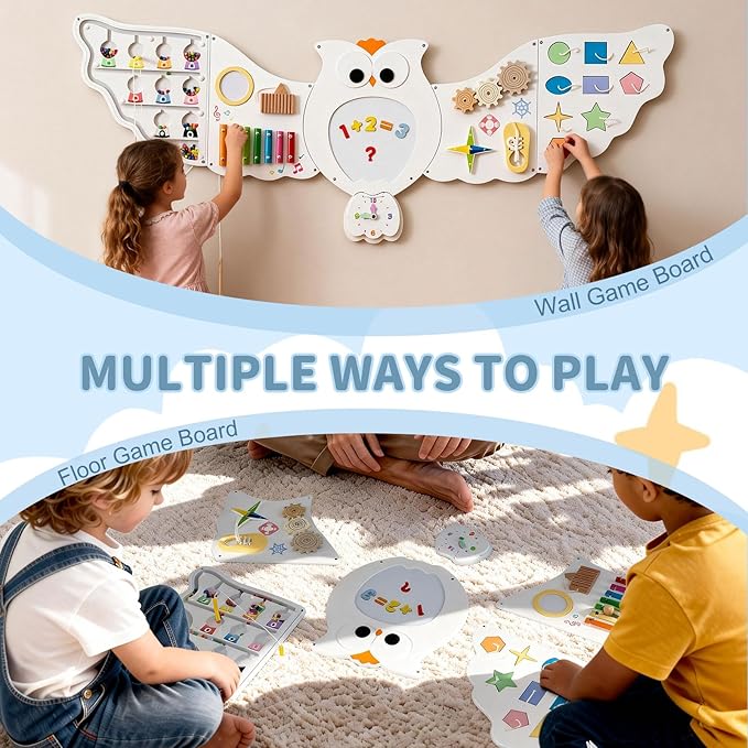 HONEY JOY Owl Activity Wall Busy Board Panels, Wooden Sensory Wall Panel for Kids, Toddler Learning Activity Center, Ideal for Playroom Daycare Nursery Classroom Dentist Office (White)