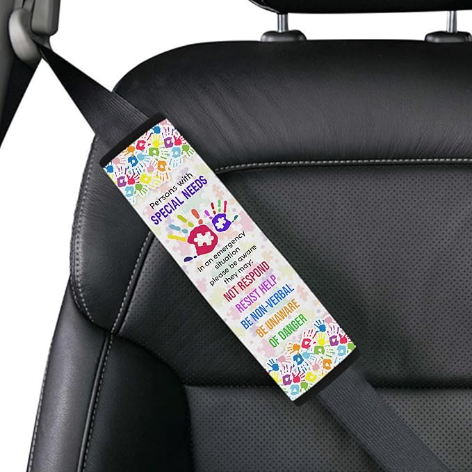 Personalized Name Non Respond Autism Colorful Hand Seat Belt Cover Autism Awareness Medical Alert Autism Seatbelt Cover for Kids Non-Verbal Autistic Special Needs Autism Car Accessories AT33