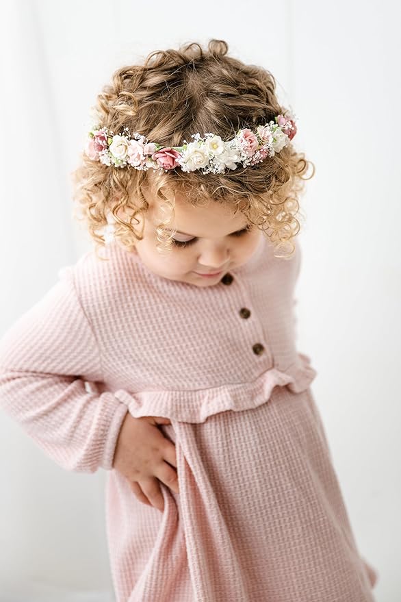 Blush Pink Flower Girl Crown with Baby's Breath Headpiece Young Girl Floral Hair Wreath Rustic Wedding Hair Accessories Headband for Child(43cm length)