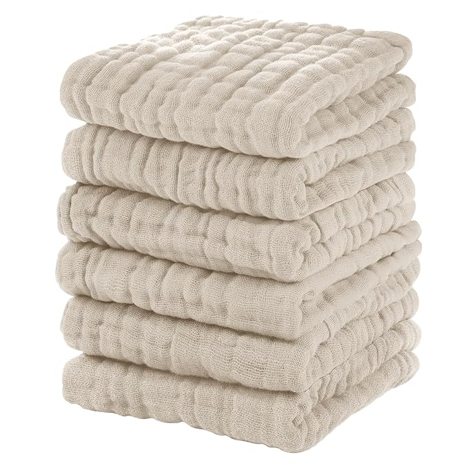 Unnivoll Muslin Burp Cloths Baby 12''X12'', Baby Washcloths 6 Pack, 100% Cotton Baby Wash Cloths Absorbent and Soft for Newborn Infants Kids Boys Girls - Apricot