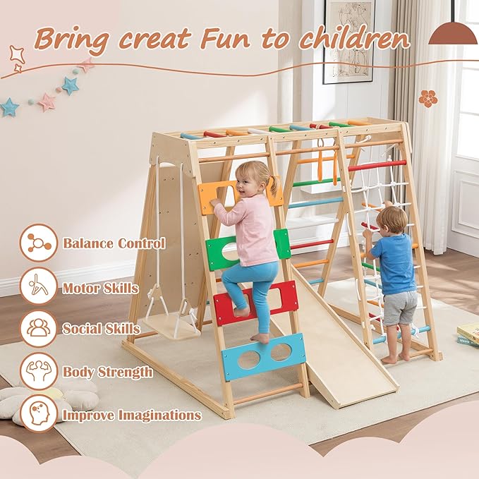 ZMAD Ladder Wall Gym & Climber – Featuring a Rock Climbing Wall, Wooden Swings, Gymnastic Rings, Rope Ladders, and Stretching Equipment for Indoor Playground for Toddlers & Children (9-in-1)