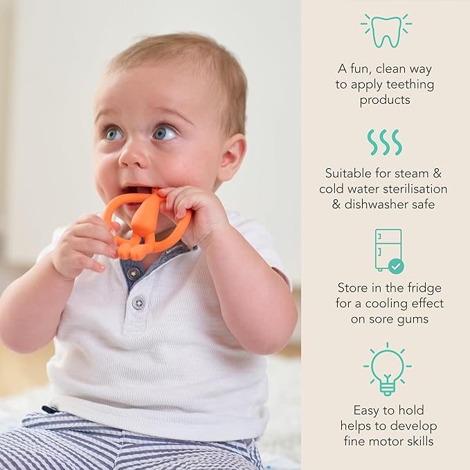 Matchstick Monkey Silicone Teether & Gel Applicator – Silicone Baby Teether, Easy-to-Grip, BPA-Free, Supports Self-Soothing & Early Brushing, 3 Months+, 4 Inches, Orange