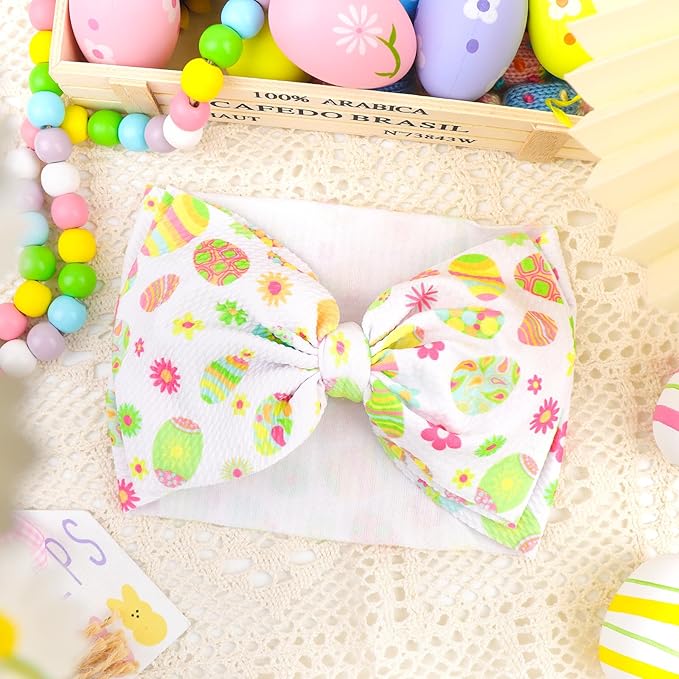 7” Easter Baby Girls Bows Pink White Eggs Bunny Headbands for Newborn Infant Girls Elastic Tied Hairbands Hair Bows Easter Hair Accessories for Gift