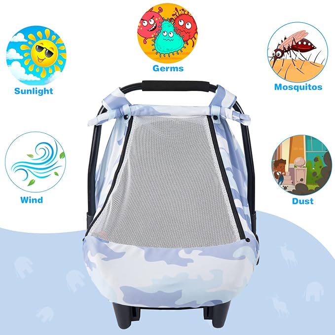 SMTTW Car Seat Cover for Babies, Stretchy Breathable Carseat Canopy with Peek Window, Multiuse Infant Stroller Cover for Baby Boys Girls, Privacy Sun Shade & Wind Protect for Summer (Camouflage)