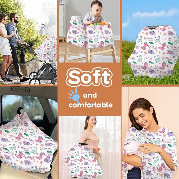 Personalized Baby Car Seat Cover Stroller Canopy: Custom Name Newborn Baby Boy Girl Elastic Animals Nursing Cover for Moms First Birthday Gift Pink Dinosaur(one Size)