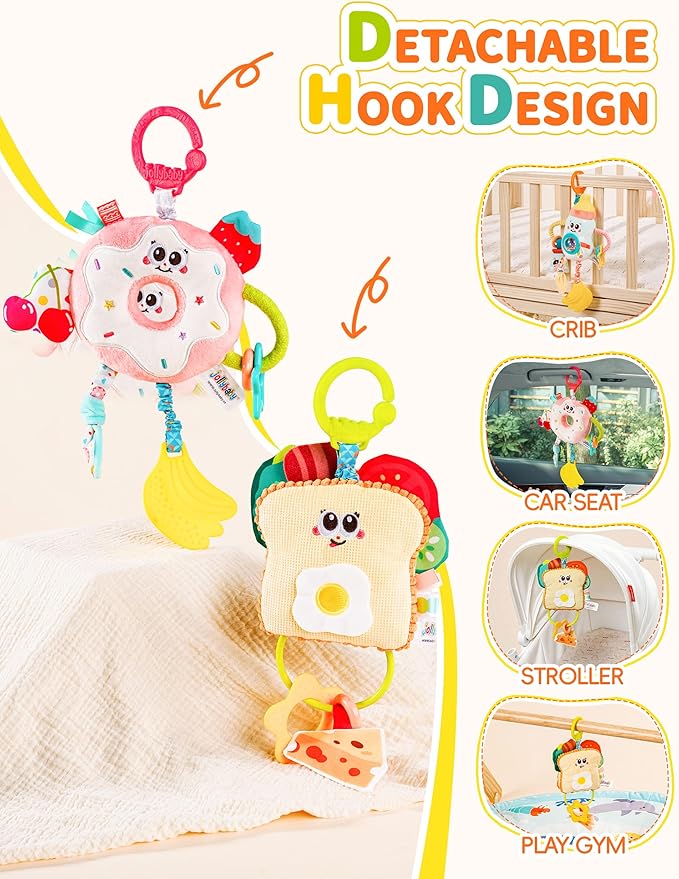Jollybaby Baby Pull Vibration Toy - Tummy Time Sensory Hanging Toys for Car Seat, Stroller, Crib & Play Gym, with Babier Teether, Airplane Travel Toys for Toddlers Gift - Baby Bottle