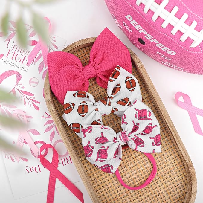 YanJie 3PCS 4.5’’ Breast Cancer Awareness Bows for Baby Girls Pink Headbands Football Headband Cancer Awareness Items Hair Accessories for Newborns