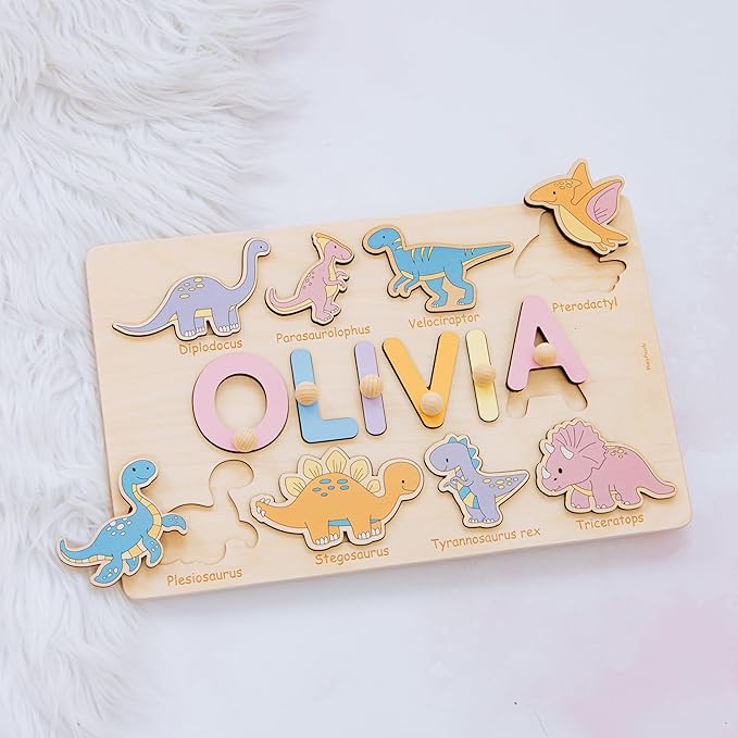 Name Puzzle with Dinosaurs Name Puzzle for 1 Year Old Busy Board Montessori Toys Baby Shower Baby Toy Personalized Gifts for Baby Handmade Puzzles