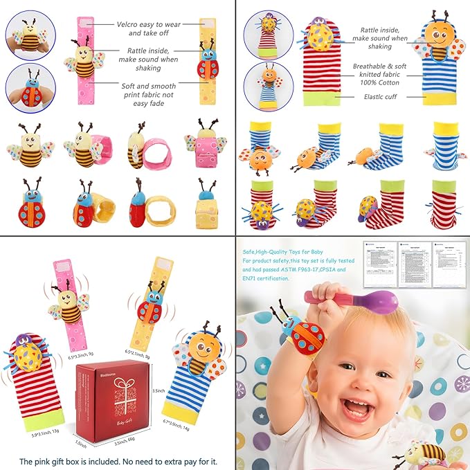 Bloobloomax Baby Rattles Toys for 0-12 Month, Infant Girl Boy Toys for Babies 3-6 Months, Newborn Hand & Foot Toys for 0 to 9 Months, Baby Shower Gifts Set with Wrist Rattle Socks