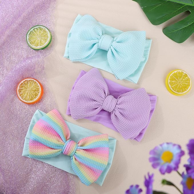 6'' Large Tied Bow Baby Headbands Handmade Hairbands with Bows High Stretchy Soft Nylon Headbands Baby Hair Accessories for Infant Baby Girls Light Blue Purple Rainbow Stripes