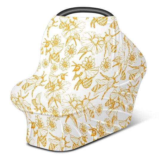 Baby Car Seat Stroller Covers Honey Bee Queen Collect Nectar Nursing Cover Breastfeeding Scarf Soft Breathable Stretchy Infant Car Canopy Coverage Carseat Cover for Boys and Girls Multi Use