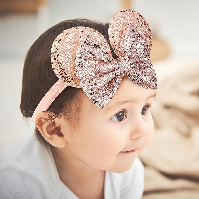 choicbaby 3 PCS Mouse Ears Sequin Bow Nylon Hairband with Polka Dot Cute Baby Headbands Soft Hairbands Hair Accessories for Newborn Infant Toddler Party Supplies
