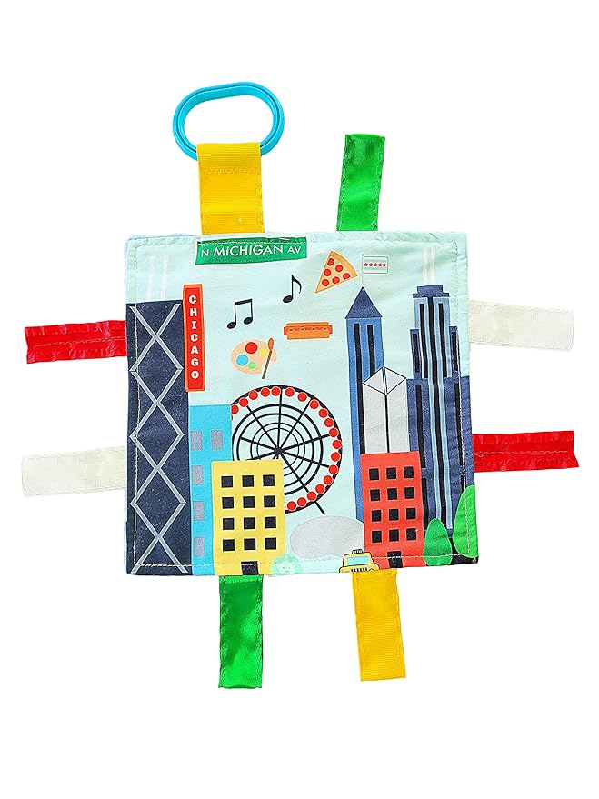 Baby Jack & Co 8x8” Learning Lovey Chicago Illinois Tag Toys for Babies - Baby Crinkle Toys - Soft & Safe - Learn USA Cities and Shapes - Ideal Baby Toy & Gift BPA Free w/Stroller Clip
