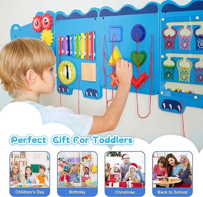 Spacocld Crocodile Sensory Toys Activity Wall Panels - Montessori Busy Board, Toddler Learning Panel, Wall-Mounted Playroom/Daycare Educational Toys, Interactive Wooden Gift for Kids 3-6, Blue