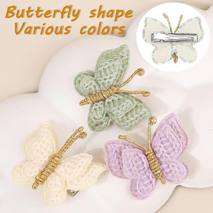6pcs Yarn Butterfly Hair Bows Clips, Soft & Cute Knitted Wool Bow Barrettes for Baby Girls Anti-Slip Accessories for Thick & Thin Hair (3 Colors)