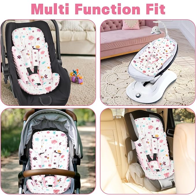 Pea Pod Infant Car Seat Insert with 3 Strap Covers, Reversible Baby Car Seat Head and Body Support, Minky Dot Newborn Carseat Insert for Preemie (Pink Floral)