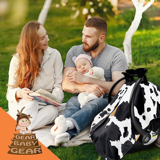 Dear Baby Gear Car Seat Cover for Boys & Girls - Baby Carseat Canopy w/Snap Opening - Infant Seat Cover -Nursing Covers - Newborn Carrier Canopy - 40x30" (Black and White Holstein Cow with Bows)