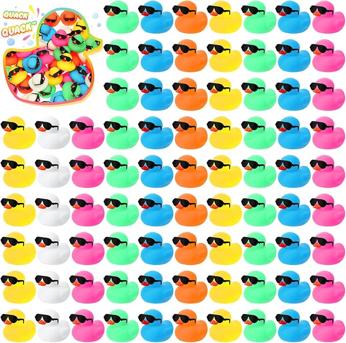 Hiboom 300 Pack Mini Rubber Ducks Set Bath Toys in Bulk with Sunglasses Float Squeak Tiny Baby Shower Rubber Duck Bathtub Pool Toy for Kids Party Birthday Supplies Prize Rewards(Colorful)