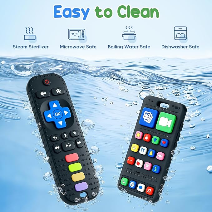2 Pack Baby Teething Toys for 3-6 6-18 Months, Silicone Phone & TV Remote Control Shape Teether Toys, Newborn Teething Relief Sensory Chew Toys, Baby Shower Gifts for Infant Boys Girls 6-12 Months