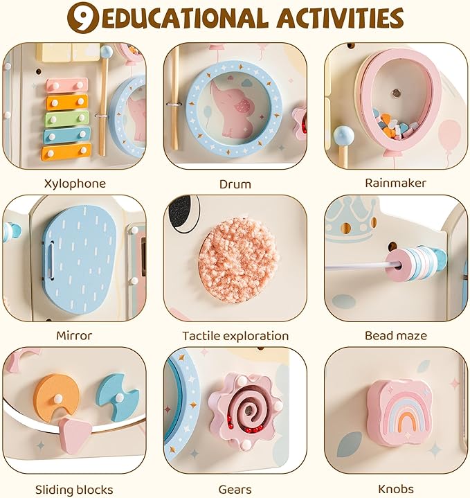 ROBUD Elephant Montessori Busy Board, 12-in-1 Activity Wall Busy Board, Montessori Sensory Wall Panel for Boys & Girls, Toddler Learning Activity Center for Playroom, Nursery, Beige