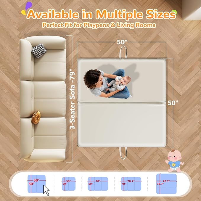 Baby Play Mat for Floor– 1.2" Thick, Foldable, Waterproof, 50×50 Playpen Mat, Non-Toxic, Easy to Clean, Thickened Foam Cushioned, Perfect for Tummy Time & Crawling, Babies & Toddlers