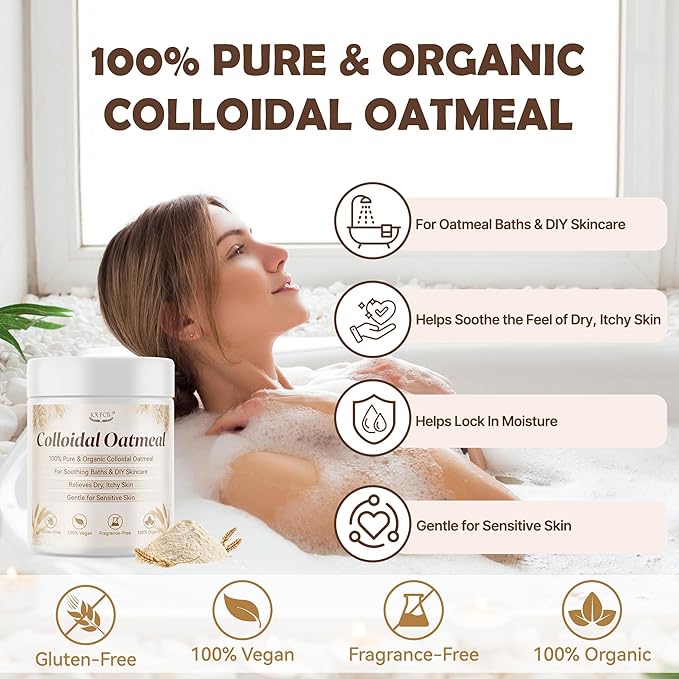Colloidal Oatmeal, 100% Pure Natural Colloidal Oatmeal Powder for Itchy-Feeling, Dry, Sensitive Skin, Ideal for ColloidalOatmeal Bath, Lotions, DIY Skincare & Soap Making, Gluten-Free, Fragrance-Free