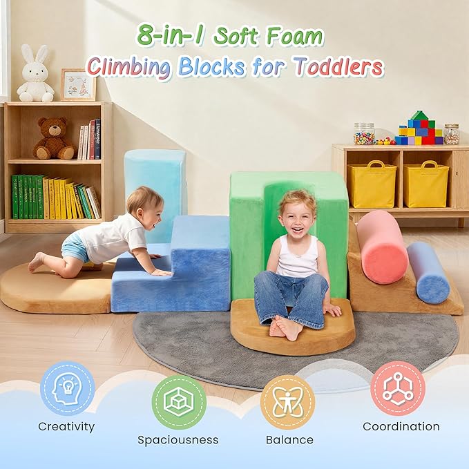 BODIOO Climbing Toys for Toddlers, Foam Climbing Blocks with 8-Piece Modular Set, Washable Cover Supports Color Coordination, Motor Skills, Climb Crawl and Slide