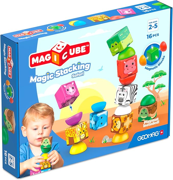Geomag Magicube Magnetic Blocks, 16 Large Magnetic Cubes Safari Animals STEM Toy, Sensory Toys for Toddlers 1-3, Building Blocks for Kids, Fun Toddler Toys 1-2 yrs