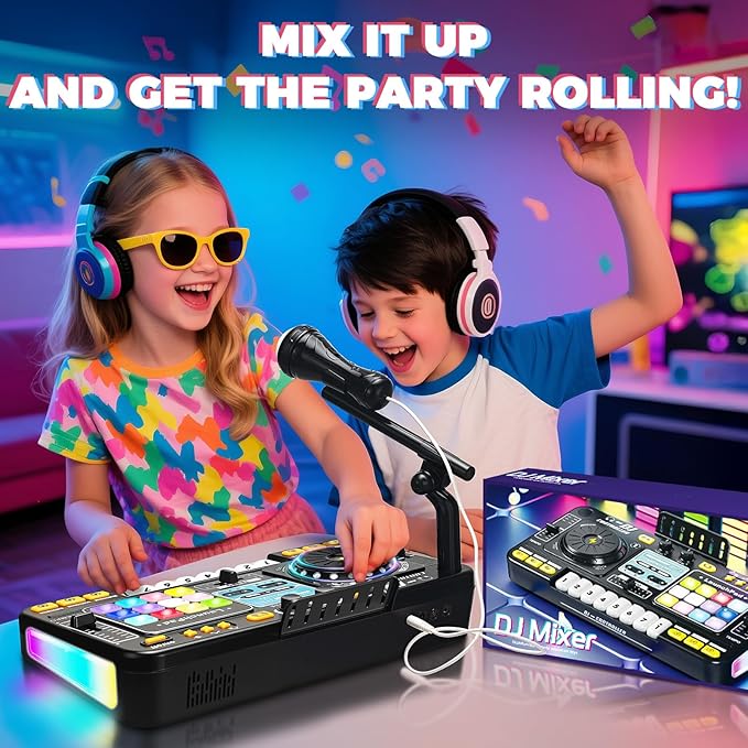 OZMI Kids DJ Music Mixer Table Board Set Toy with Microphone, Lights – Interactive Musical Toys for Ages 3-12 | 100+ Sounds, Piano Keys, Disco Mode, Rechargeable for Kids Boys & Girls