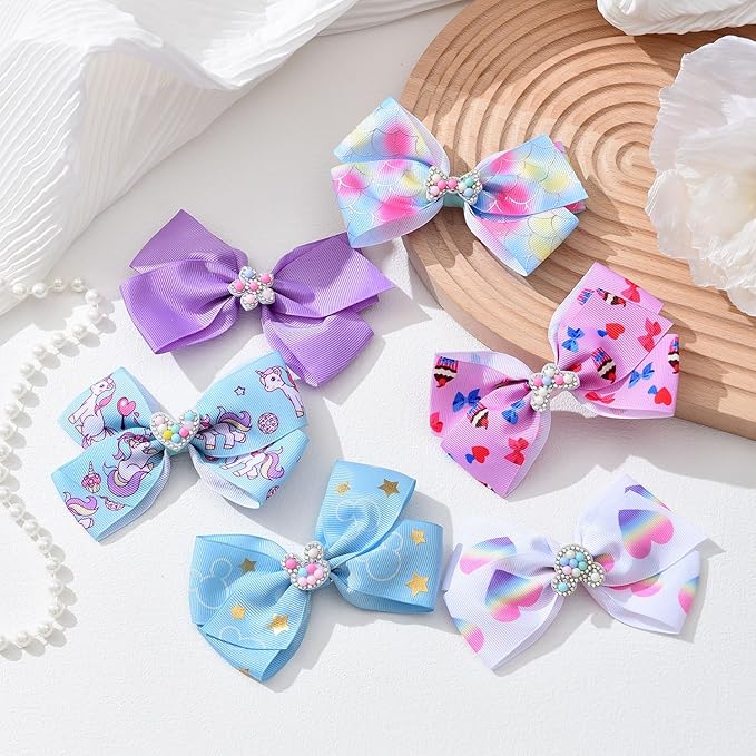 12 Pcs 5 Inch Hair Bows for Girls,Colorful Rainbow Heart Girls Hair Bows Grosgrain Ribbon Hair Bow With Alligator Clips for Toddlers Little Children Kids Teens