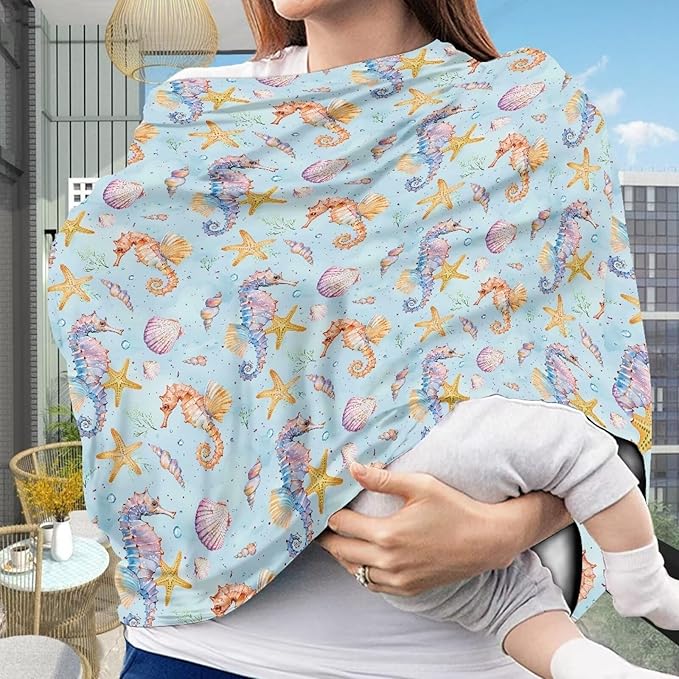 AFPANQZ Hippocampus Nursing Cover Breastfeeding Scarf Baby Car Seat Covers for Boys Girls Infant Carseat Canopy Stretchy Soft Breathable Multi-Use Cover Up for Stroller High Chair