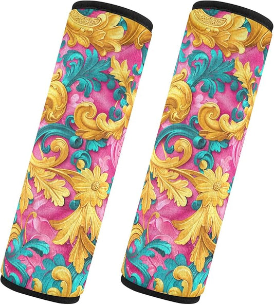 2 Pack Gold Turquoise Pink Flowers Car Seat Belt Covers Universal Seatbelt Covers Shoulder Pads Cushion for Adults Kids Women Men