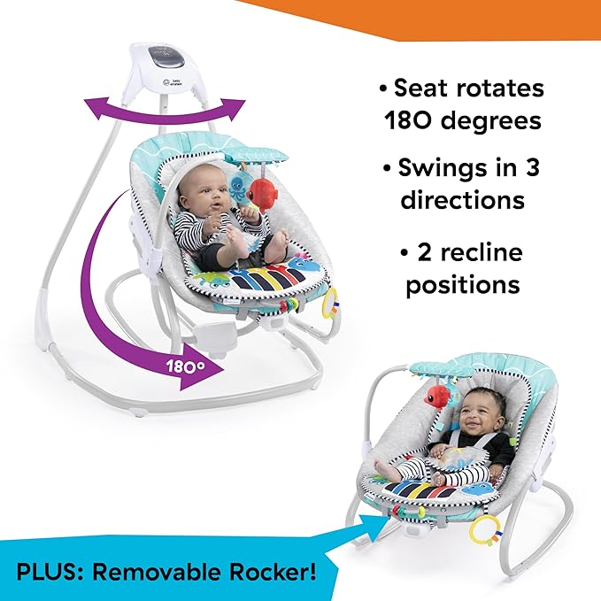 Baby Einstein Explorers Kick to It 4-in-1 Musical Baby Swing & Rocker, with Removable Piano Toy, Ages 0 Months and Up