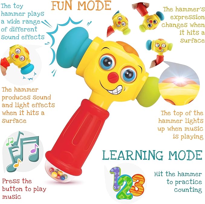 Toy Hammer w/Lights, Learning Mode and Music Mode – Baby Hammer Toy Plays 6 Short Kids' Songs, Counts 1-10 w/Baby, Changes Funny Expressions and Lights Up – for Kids 12 Months and Older