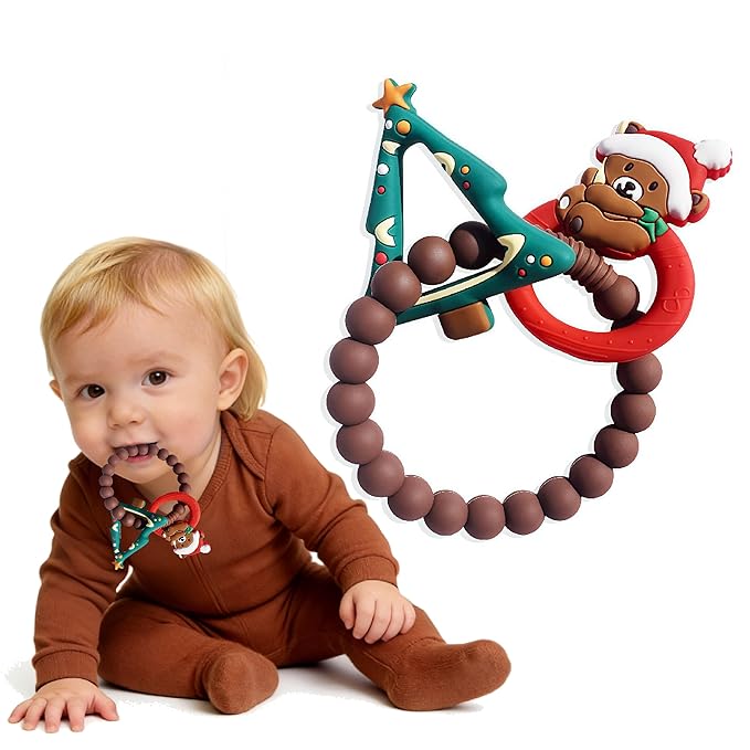 Christmas Baby Silicone Teether Christmas Tree and Bear Teething Ring Christmas Teething Toys Toddler Teething Chew Toys Christmas Gifts or Chritmas Stocking Filler