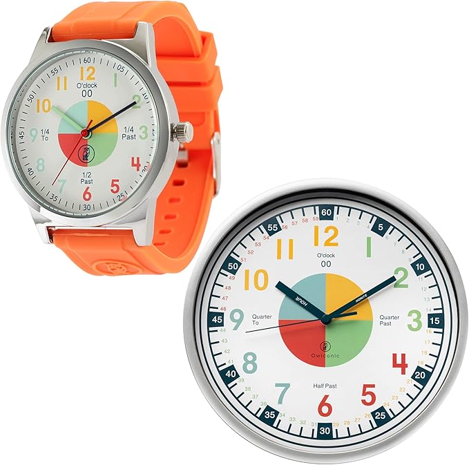 OWLCONIC Telling Time Teaching Clock - Bundled with Kids Watch. Learn to Tell Time Resources. Orange