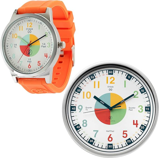 OWLCONIC Telling Time Teaching Clock - Bundled with Kids Watch. Learn to Tell Time Resources. Orange