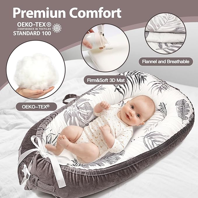 Baby Lounger-Breathable and Soft Organic 100% Cotton, Portable Infant Lounger with Removable Lounger Cover, Baby nest Lounger for Newborn - Grey Leaves
