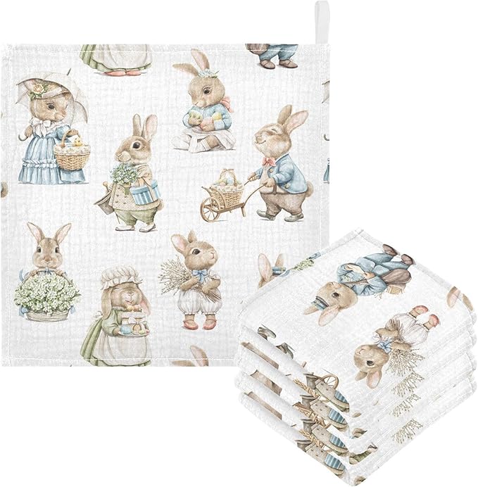 vvfelixl Easter Rabbits Bunny Baby Burp Cloths Baby Muslin Washcloths for Boys Girls Cotton Baby Face Towel for Newborn Infants Soft and Absorbent 11.8 X 11.8 in, 5 Pack