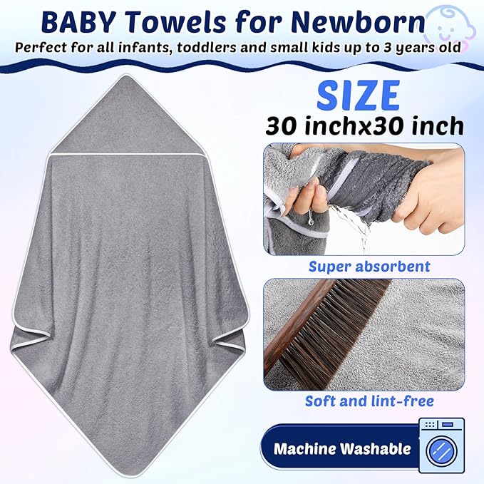 Buryeah 5 Pcs Baby Bath Towel and 15 Count Baby Washcloths Sets, Hooded Towels for Newborns Infants and Toddlers Soft Coral Fleece Toddler for Newborn Boy Girl(Gray)