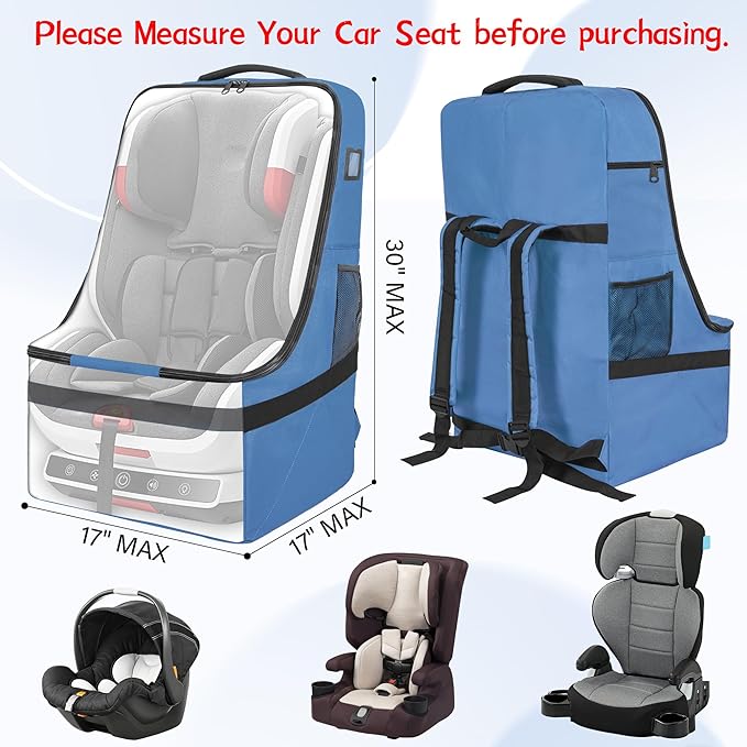 IBVIVIC Car Seat Travel Bag Heavy Duty Car Seat Bag for Airplane Gate Check Car Seat Backpack with Shoulder Strap, Blue