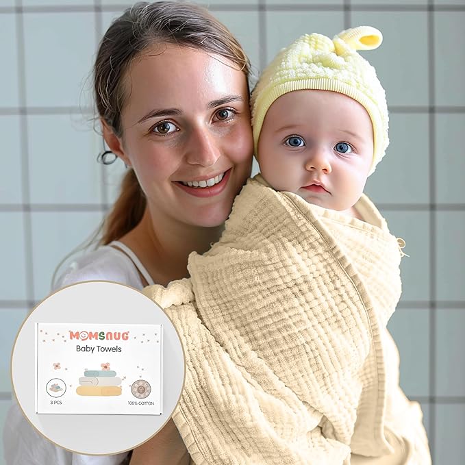 Momsnug 3-Pack Muslin Hooded Baby Towels, 100% Cotton, Ultra-Soft & Absorbent Baby Bath Towels with Hood for Babies, Infant, Toddler and Newbron(Green + Grey + Apricot，35" X 35''