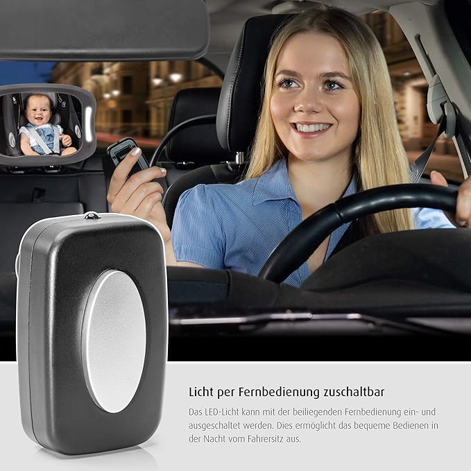 reer BabyView 86101 LED Car Safety Mirror - Your Baby in the Back Seat Always in View, Grey