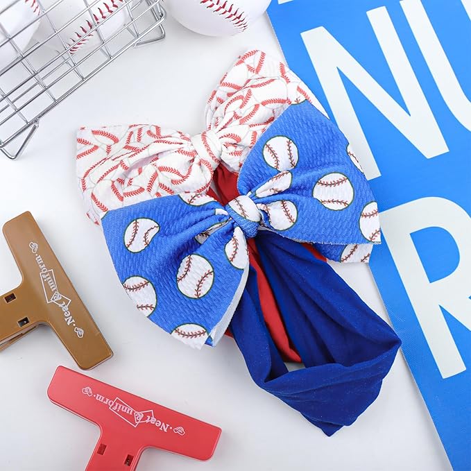 2PCS Baseball Themed Headbands for Baby Girls Softball Hair Bows Accessories for Newborns Infants Toddlers Sports Party Head Bow Wrap