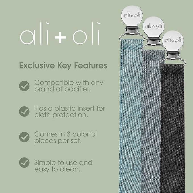 Ali+Oli Linen Strap Pacifier Clip (Sky) Set of 3 (10" x 1") Baby Pacifier Holder for Newborn Pacifiers & Teethers, Binky Clips, Silicone-Free Pacifier Clips