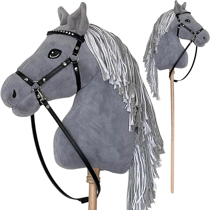 Playful Minds Large Hobby Horse for Kids and Adults – Show Quality with Rhinestone Studded Bridle, Removable Reins, and Long Mane – Plush Handmade Tournament Stick Horse, Grey