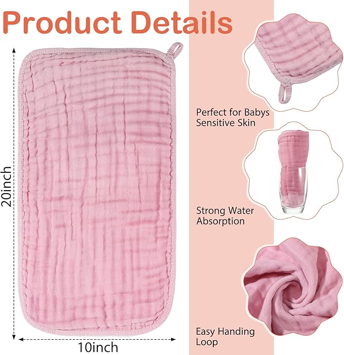 VitalCozy 6 Pcs Baby Muslin Hooded Bath Towels and Washcloths, Muslin Hooded Baby Towels Absorbent Blankets for Gift Newborn Infant Shower (Pink,Orange)