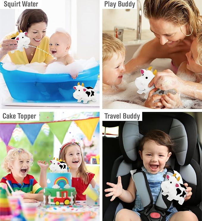 Dollibu Cow Bath Water Squirter Toy - Floating White Rubber Bath Toy, Cool Animal Squirting Bathtime Play Water Toy for Toddlers, Cute Farm Animal Bath Toys for Bathtub and Pool for Girls and Boys